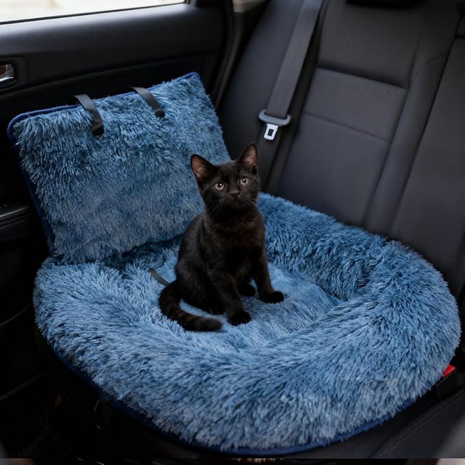 Generic Dog Car Seat for Dogs,Fluffy Pet Seat with Detachable Washable Cushion, Portable Travel-Safe Bed for Cars with Safety Belts (Blue, 60X60cm)