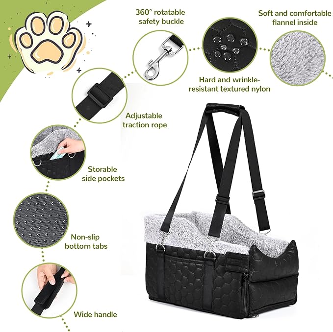 Center Console Dog Car Seat, Detachable Washable Dog Booster Seat, Adjustable Safety Belts and Built-in Leash Pet Carseat, Portable Puppy Travel Carrier with Cushion for Small Dogs Cat(Black)