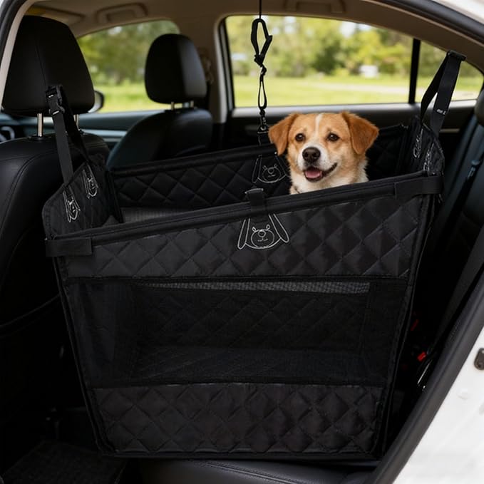 Dog Car Seat, Waterproof Pet Car Back Seat for Large Medium Dogs, Carseat for Dogs with Hard Bottom, Foldable Dog Carseat for Cars, Trucks and SUVs (Black, L)