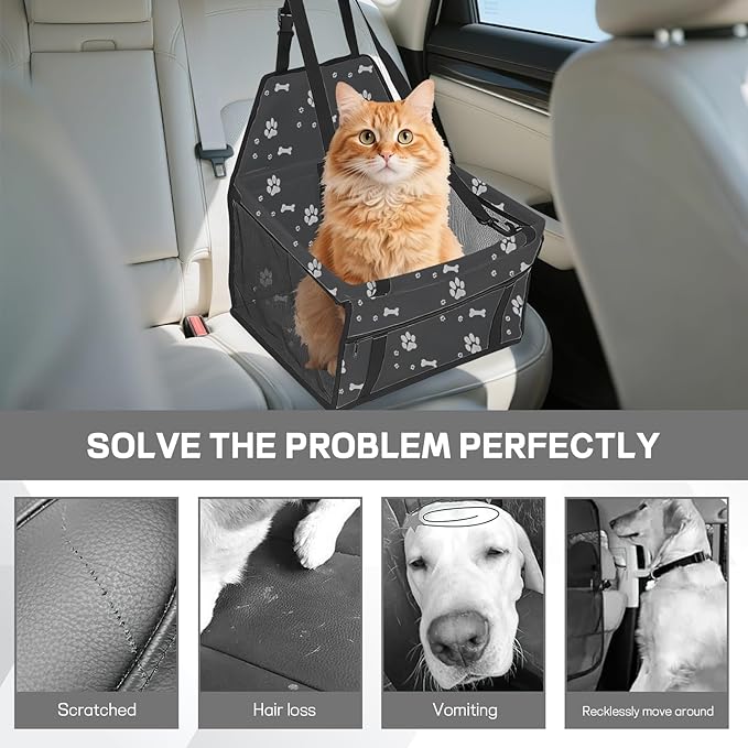 Wuyaoyao Pet Car Seat, Waterproof Breathable Oxford Cat Dog Car Booster Seat for Small Pets, Foldable Portable Vehicle Puppy Travel Basket with Seatbelt & Support Rod, for Pet Up to 22 lbs (Dark Gray)