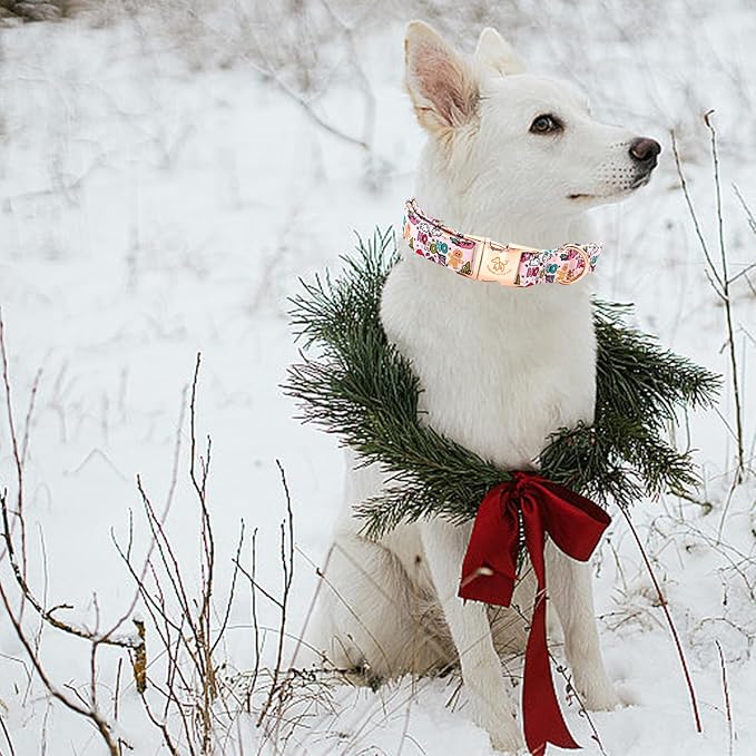 Elegant little tail Christmas Dog Collar, Pink Gingerbread Man Print Pet Collar Dog Durable Cute Dog Collars Winter Holiday Male or Female Pet Gift Adjustable Dog Collar for X-Large Dogs