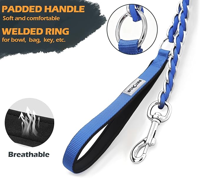 Chew Proof Metal Leash Chain Dog Leash for Medium Large Dogs, Chain Link Anti Chew 5.2FT Strong Anti Bite Comfortable Soft Padded Handle Blue
