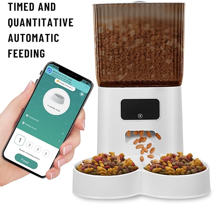 Smart Pet Feeder with Dual Bowls,WiFi APP Remote Control 5L Transparent Storage Bucket Automatic Cat Food Dispenser, Timed Quantitative Battery and USB Power Supply Dog Feeder 1 Set