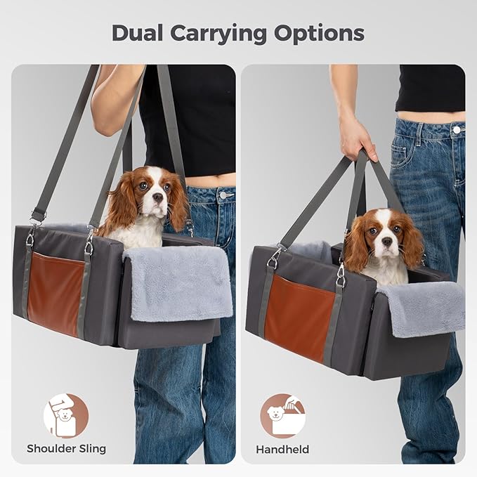 Avont Center Console Dog Car Seat for Small Dogs & Cats, Booster Car Seat with Double Safety Straps, Soft Padded Armrest Travel Carrier with Storage Pockets, Calming Design -Dark Grey