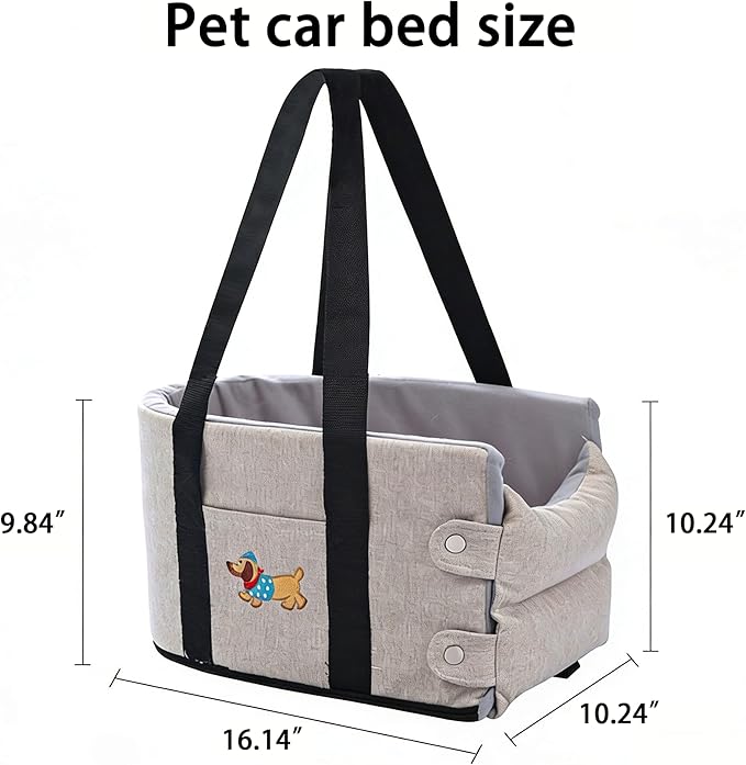 FurryGo Small Dog Car Seat for Travel, Elevated Pet Booster Seat with Safety Tether, Soft Washable Dog Bed for Under 20 lbs, Portable Cat Carrier for SUV/Truck, Grey (Khaki)