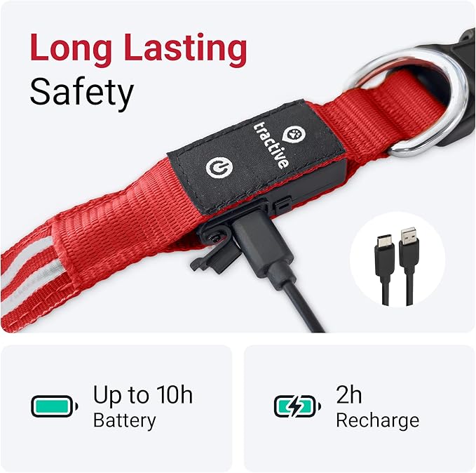 Tractive LED Light Up Dog Collar USB Rechargeable Waterproof (Red)