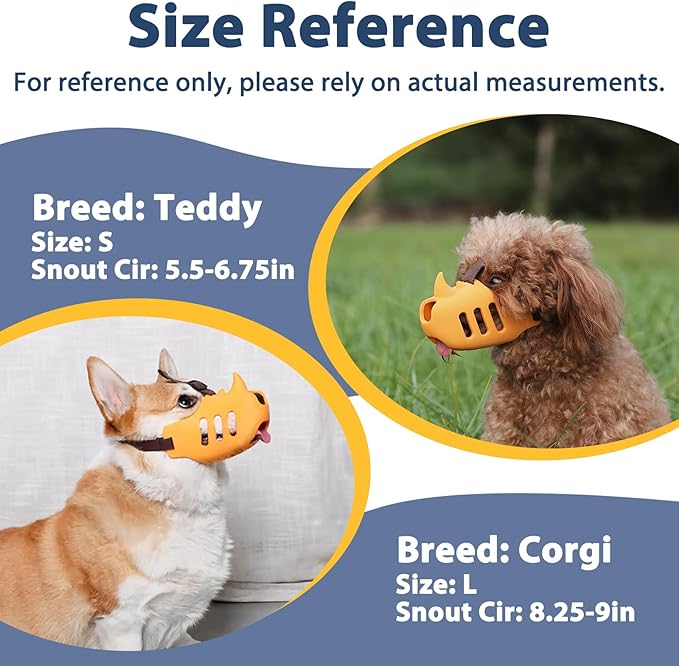 LUCKYPAW Dog Muzzle, Soft Muzzle for Small Medium Dogs Poodle Dachshund, Breathable Silicone Cage Mouth Cover to Prevent Biting and Chewing, Funny Rhino Muzzle with Adjustable Head Strap(Yellow, M)