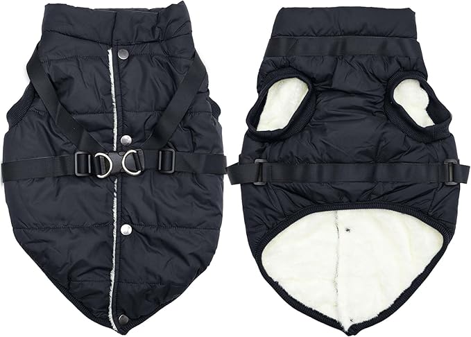 Dog Jacket with Harness,Fleece Lined Warm Puppy Coat for Winter,Soft Windproof Small Dog Vest,Black M