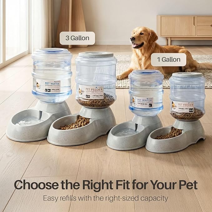 Flexzion Automatic Pet Feeder & Waterer Set of 2 Pack, Self Feeding Replenish Dog Cat Bowls, Gravity Food & Water Storage Container Fountain Jug Pet Supplies Plastic Skid Proof Rubber Feet (3 Gallon)