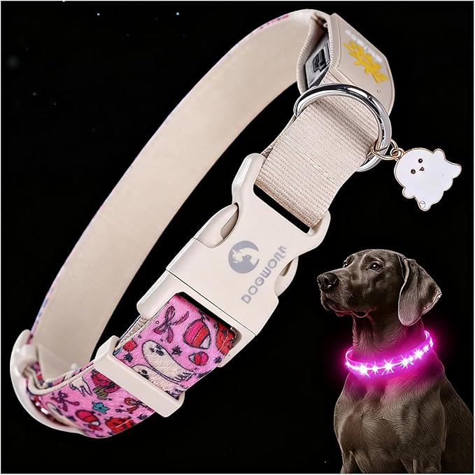DOGWONG LED Dog Collar - Heavy Duty Light up Collars - Rechargeable Waterproof - Lighted Dog Collar for Night Walking, Hiking, Camping(Pink Ghost,M)