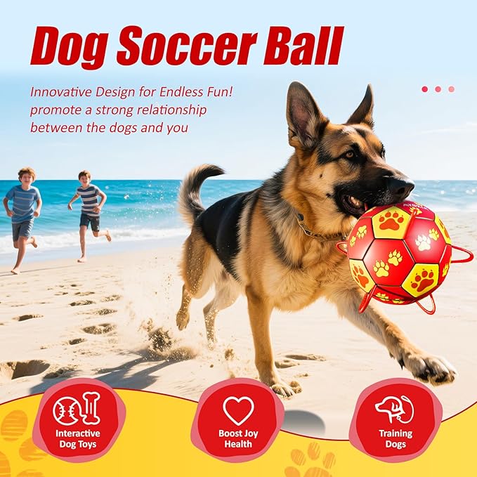 Size 3 Dog Soccer Ball with Straps Durable Training Ball for Pets Interactive Outdoor Dog Toy, Red & Yellow, Paw Prints Design, for Medium & Large Dogs' Playtime