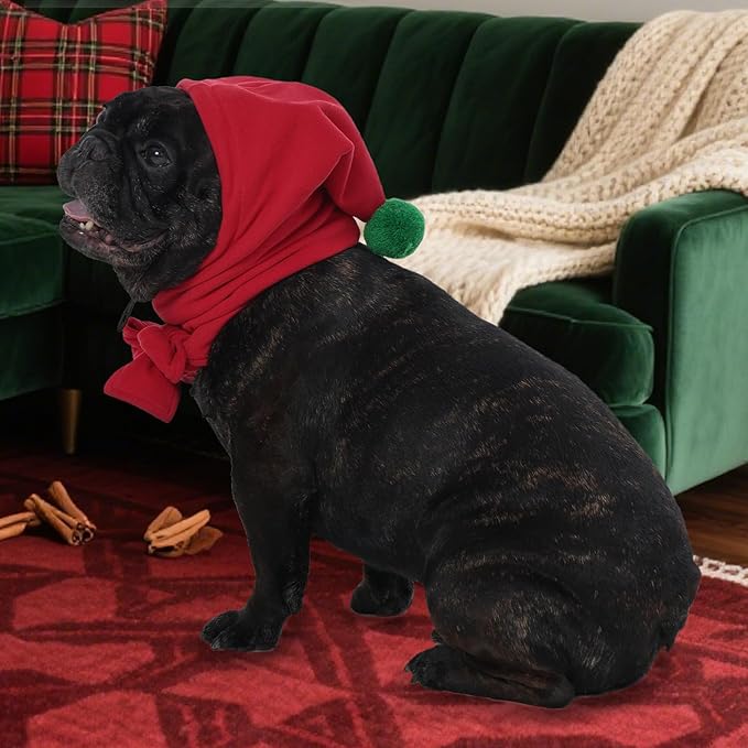DENTRUN Dog Hood with Scarf - Warm Fleece Ear Cover for Medium Dogs, Adjustable Christmas Outfit with Pom Pom, Red (M:10-13" Head Girth)