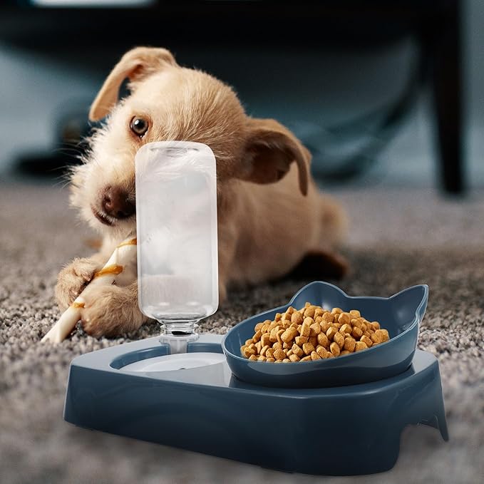 Mipcase Automatic Pet Drinking Bowl and Food Feeder Set, Spill-Proof Blue Plastic Raised Water Dispenser for Dogs and Cats, Suitable for Indoor and Outdoor Use