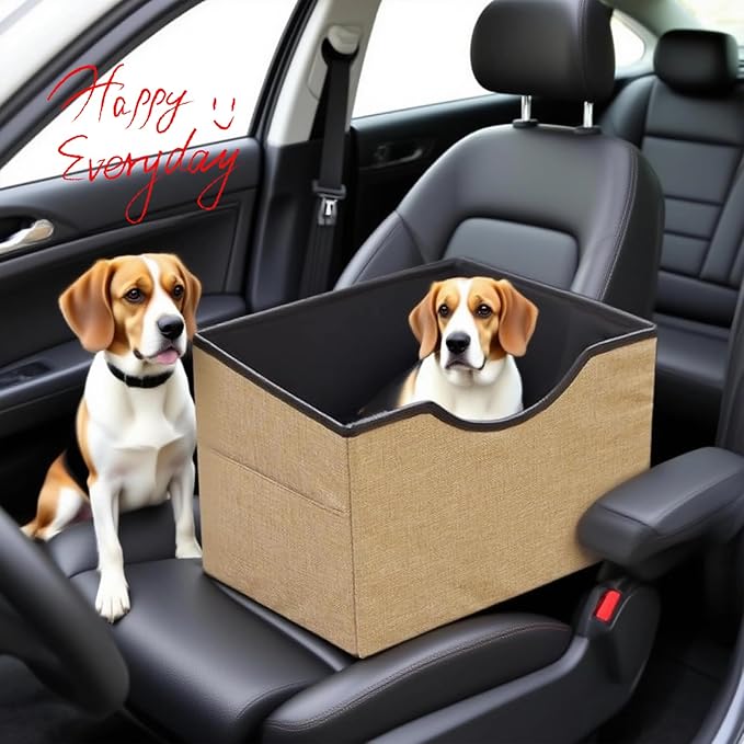 Portable Foldable Cat Dog Car Seat for Small Dogs Spacious Travel Bed with Clip-On Safety Leash Comfy Carseat with Storage Pockets Cat Puppy Car Travel Carrier Bed (Khaki)
