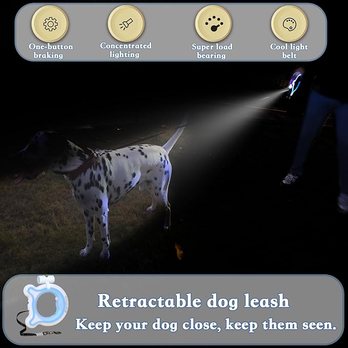 Pets 9.84ft Retractable Dog Leashes with LED Up to 66 lbs Anti-Slip Handle and 360°No Tangle Dogs Walking Leash with Built in Poop Bag for Small/Medium/Large Breeds (Blue)