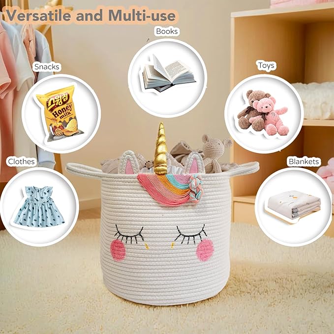 Large Unicorn Woven Basket with Handles - Toy Storage Bin, Baby Gift & Animal Nursery & Cute Laundry Basket, for Clothes, Towels, Toys (Unicorn)