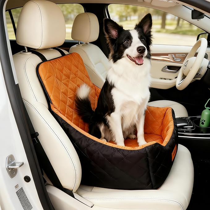 Dog Booster Car Seat for Medium Dogs up to 40lbs, Easy to Install, Fully Detachable and Washable, Anti-Slip Base, Snug Puppy Car Seat with 2 Clip-on Leashes, Black/Coffee, Medium