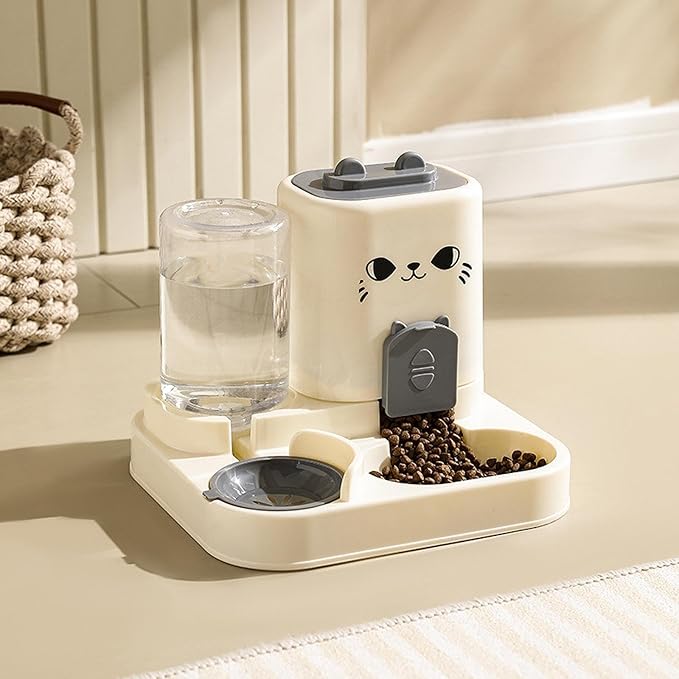 2 in 1 Automatic Pet Feeder and Water Dispenser, 1800ml Dry Food 800ml Water Capacity, Portable Cat Dog Food Bowl for Small Animals- Gray