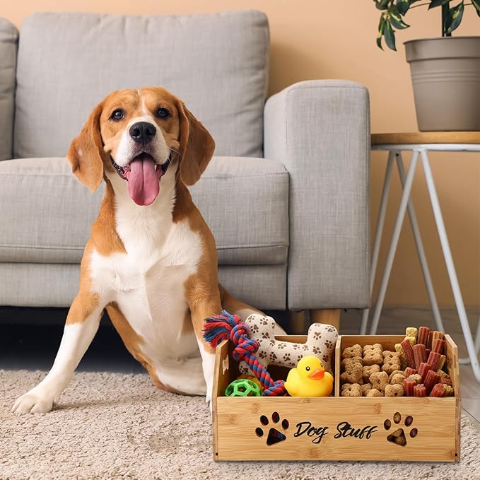 Leinuosen Large Dog Toy Bin Basket, 20 Inch Large Stuff Toy Storage Basket Bin with Bone Handle Cutout Pattern Bamboo Container for Organizing and Storage Dog Leash Chew Toys, (Natural, Divided)