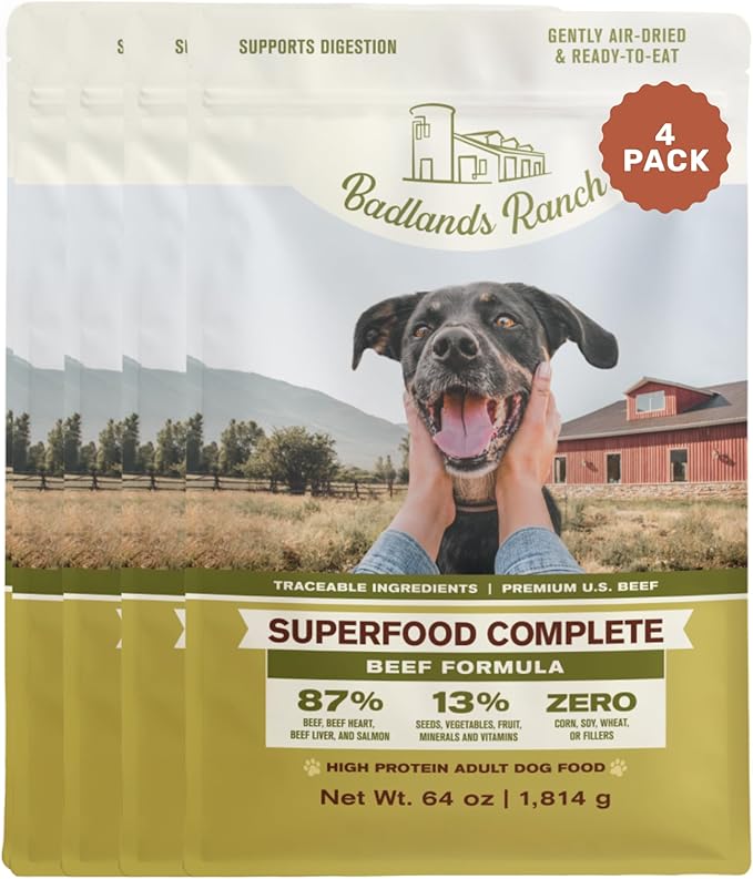 BADLANDS RANCH by Katherine Heigl – Superfood Complete Air-Dried Beef Dog Food – High Protein with Superfoods for Daily Wellness & Consistent Nutrition – 64 oz (Pack of 4)