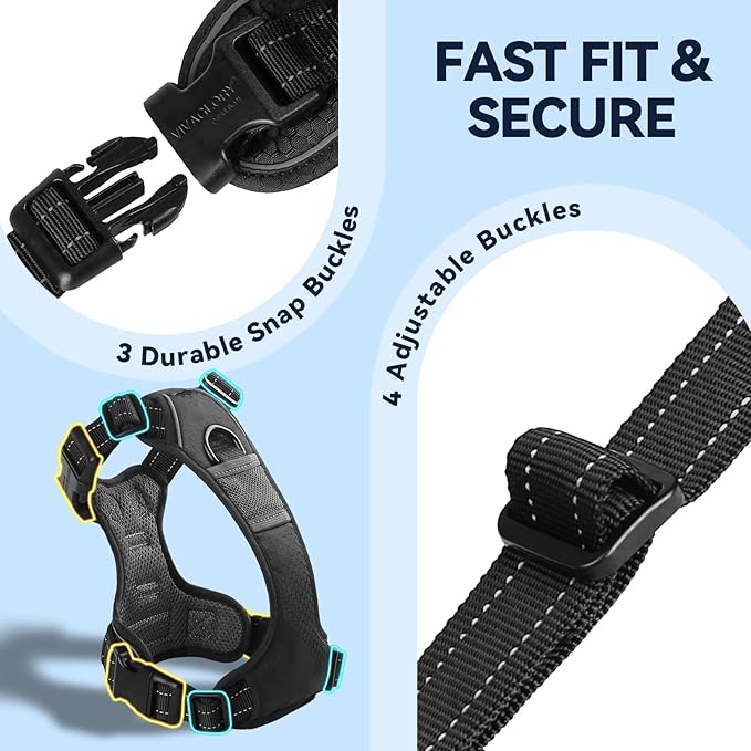 VIVAGLORY Dog Harness Easewalk No Pull Dog Harness with Handle Front Clip & Back Clip for Training Walking Lifting, No Pull Adjustable Easy On Padded Comfortable for Pet, XL, Black - Patterned