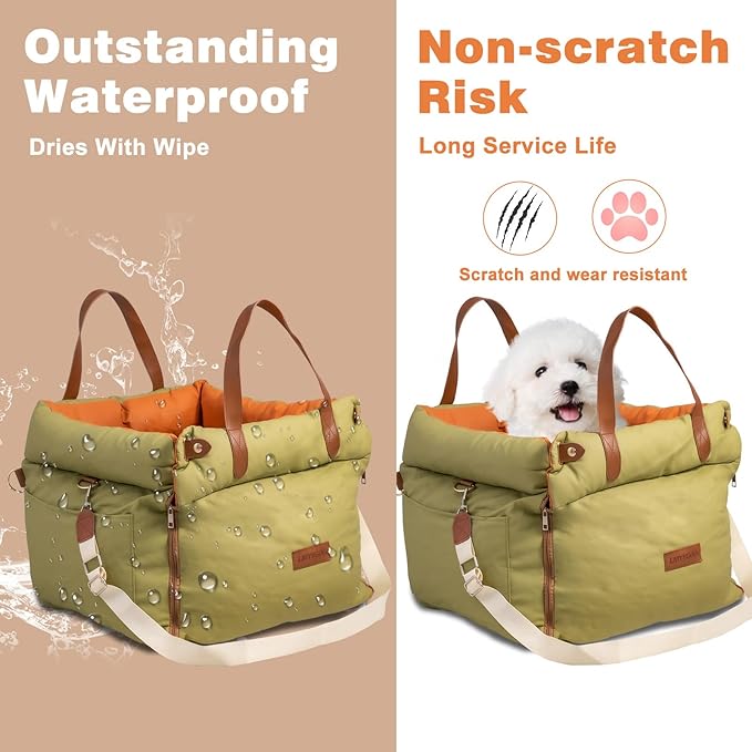 Dog Car Seat for Small & Medium Dogs - 3 in 1 Waterproof Soft Leather Dog Bed for Car with Harness Clip, Travel Bed & Carrier Bag for Pets, Fits Pets Up to 35 lbs (Green, Small & Medium)