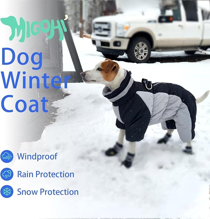 MIGOHI Full Body Dog Coat - Warm Reflective Small Dog Winter Coat with Harness, Turtleneck Fleece Jacket for Dogs,Four-Leg Windproof Puffer Jackets Snowsuit with Zipper for Small Medium Large Dogs,S