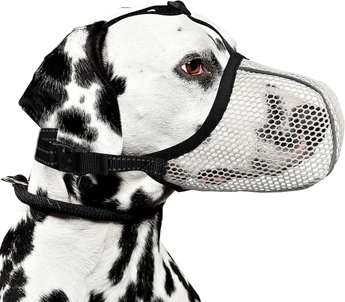 Dog Muzzle, Breathable Soft for Medium to Large Dogs to Anti & Prevent Barking Biting Chewing, Reflective & Adjustable Basket Muzzle with Air Mesh for Beagle Beige L
