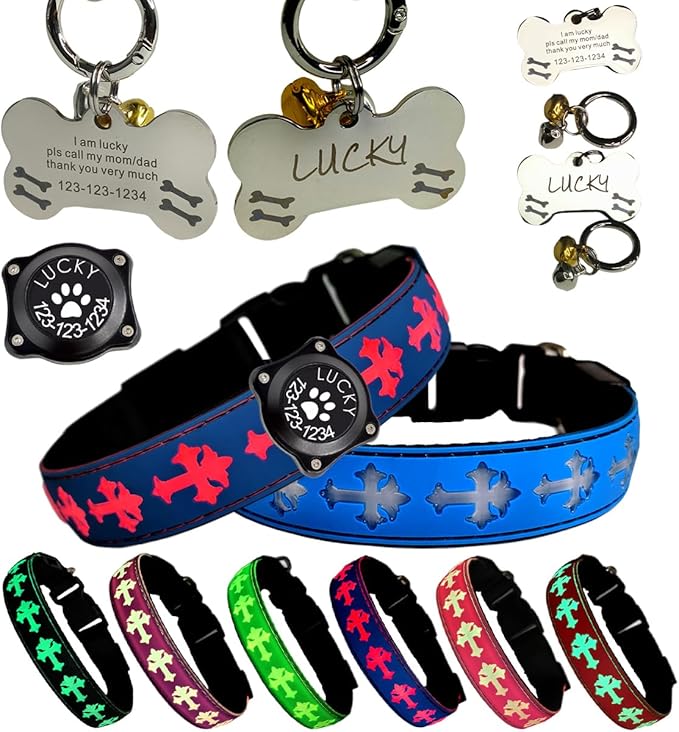 Pet Collar with AirTag Holder and ID Tag, 15 Lighting Modes, Waterproof Cross Pattern Design, Multiple Colors (Blue, S(7.87-11.8"))