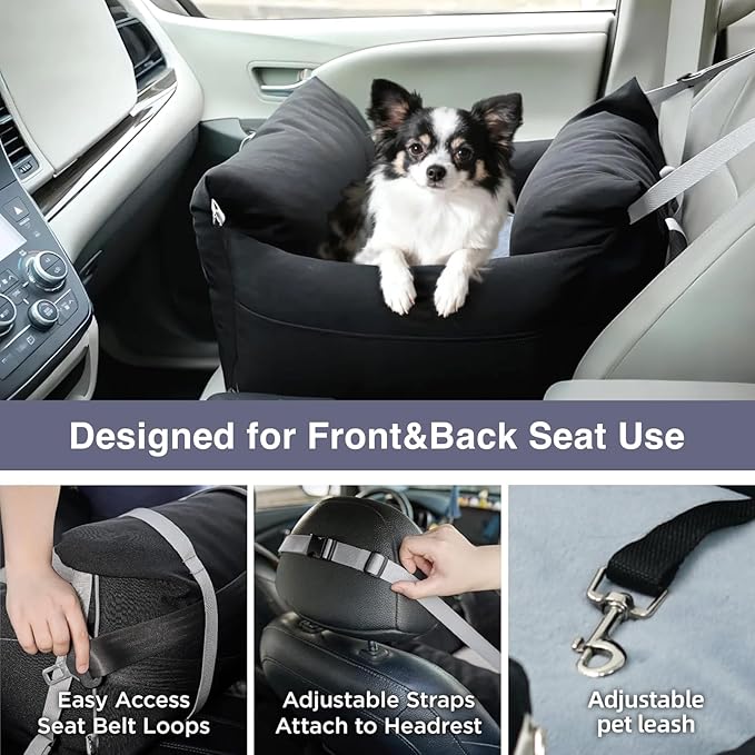 Pet Car Booster Seat for Small Dogs up to 25 lbs with Safety Straps, Storage Pockets, Travel Carrier Bed with Detachable Cover, Machine Washable (Black)