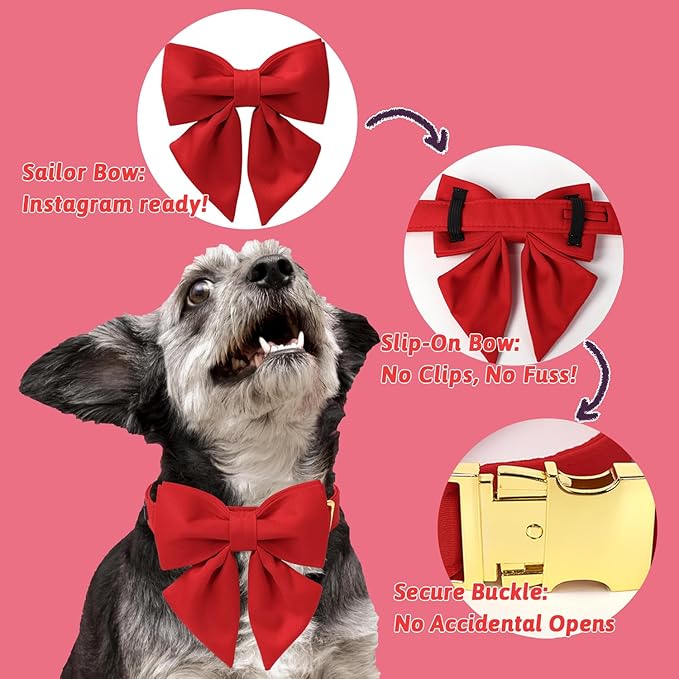 Maca Bates Red Dog Collar with Cute Solid Sailor Bow Tie for Small Girl Boy Dogs,Girly Adjustbale Durable Breakaway Soft Collars with Bowtie for Female Male Puppy,Pet with Metal Buckle