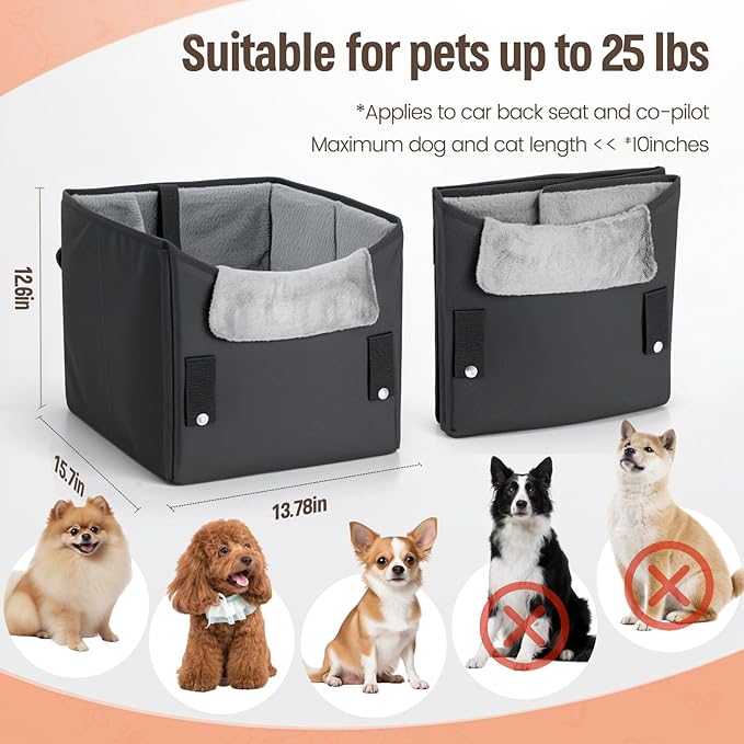 Dog Car Seat for Small Dogs or Medium Size Dog Portable Car Booster Seat for Dogs with Harness and Thick Cushion, Perfect for Small Pet up to 25lbs (Black)