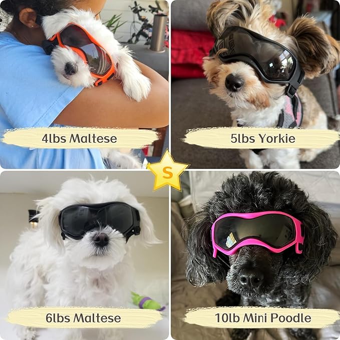 PETLESO Dog Goggles Small Breed, Dog Sunglasses UV Protection Puppy Eyewear for Small Pet Outdoor Riding Driving, Black S