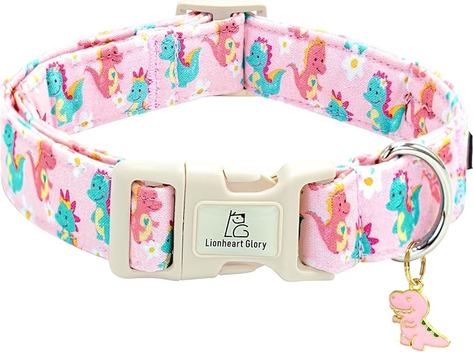 Lionheart glory Dog Collar Dinosaurs Pattern Cute Collar for Large Dogs Spring Summer Female or Male Collars Pets Gift Adjustable Heavy-Duty Pet Collars