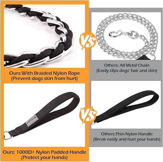 Chew Proof Metal Leash Chain Dog Leash for Medium Large Dogs, Chain Link Anti Chew 5FT Strong Anti Bite Comfortable Soft Padded Handle Black