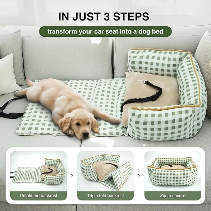 Pet Car Booster Seat for Small Dogs & Cats up to 25 lbs – Plaid Travel Seat with Safety Leash, Adjustable Straps, Non-Slip Base, 2-in-1 Convertible Bed, Detachable & Washable (Green Plaid)