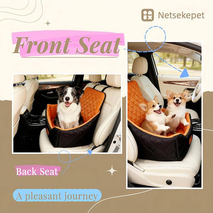 Dog Booster Car Seat for Medium Dogs up to 40lbs, Easy to Install, Fully Detachable and Washable, Anti-Slip Base, Snug Puppy Car Seat with 2 Clip-on Leashes, Black/Coffee, Medium