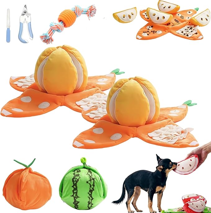Orange Hide and Seek Plush Dog Toy, Interactive Squeaky Puzzle Toy with Hidden Pockets & Crinkle Paper, Watermelon Snuffle Mat for Small Medium Dogs Boredom Nosework (Orange 2PCS)