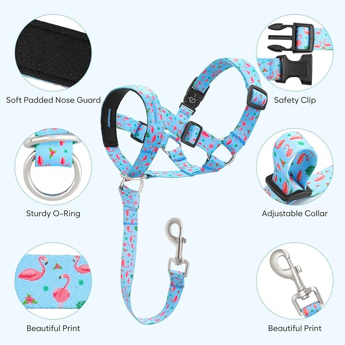 Dog Head Collar, Printed No-Pull Headcollar, Adjustable Dog Head Halter Gentle Lead with Safety Link, 3 Colors Muzzle Leash for Small Medium Large X-Large Dogs Easy Walks (XLarge, Flamingo)