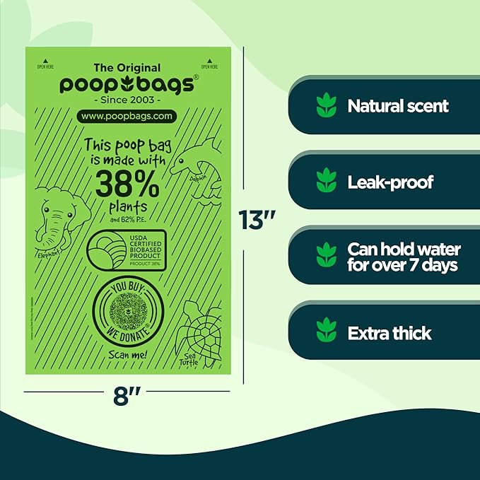 The Original Poop Bags® USDA Certified 38% Plant-Based Doggy Poop Bags Refills - Unscented, Leak-Proof & Strong, Single Bulk Roll, 600 Count