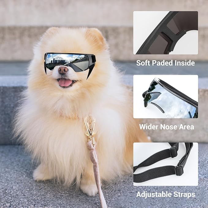 LESYPET Dog Sunglasses for Small Breed, UV Wind Dust Protection Dog Goggles for Pet Outdoor Driving Riding, Pet Glasses Eye Wear with Adjustable Strap, Silver