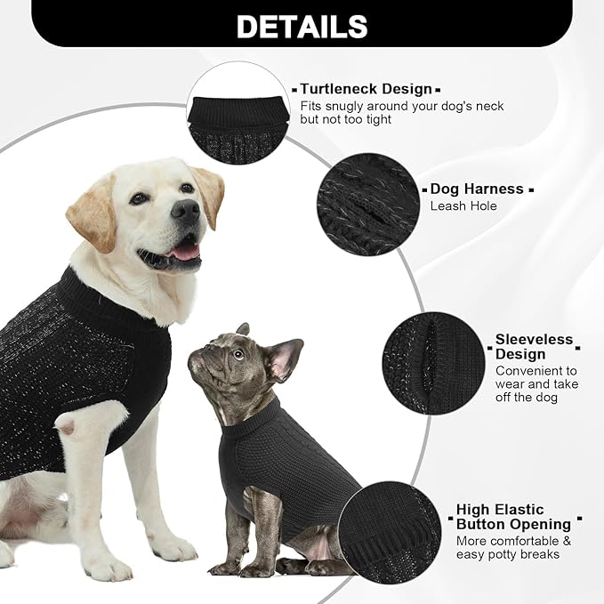 Large Dog Sweater, Classic Cable Knit Warm Dog Sweatshirt with Reflective Yarn for Girl Boy, Halloween Fall Winter Coat Turtleneck Pullover Clothes Apparel for Small Medium Large Dogs (Black L)