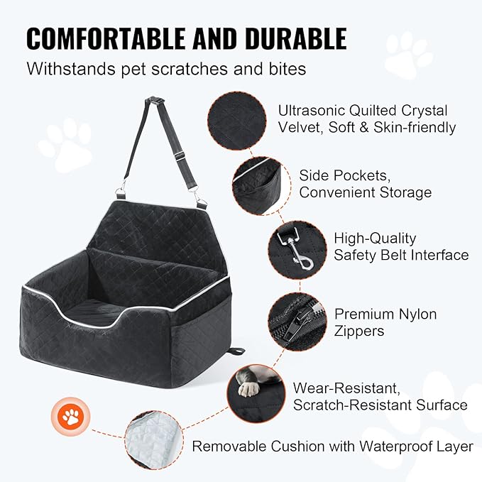 Happybuy Dog Car Seat, Dog Booster Seat for Car with A Storage Pocket, Pet Car Seat with Clip-On Safety Leash, Sponge Filling, Dog Car Bed for Medium & Large Dog up to 55 lbs, Black