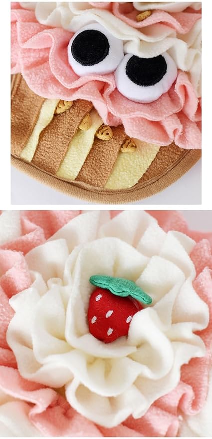 Interactive Pet Snuffle Mat with Crinkle Paper and BB Sound – Food-Shaped Nose Work Mat for Cats, Dogs, and Small Pets, Anti-Slip Base, Puzzle Feeding Toy (Strawberry Cake)