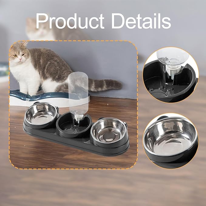 Triple Cat Bowls Pet Feeder with Water Dispenser 15° Tilted Wet and Dry Food Bowl Set for Small Dogs and Cats- Dark Gray