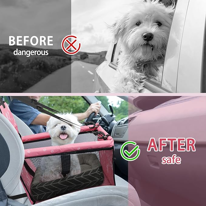 PetsHome Dog Car Seat Foldable Dog Car Booster Seat Waterproof Breathable Oxford Travel Bag for Small to Medium Dogs, Puppies, and Pets-Pattern Pink+Mat