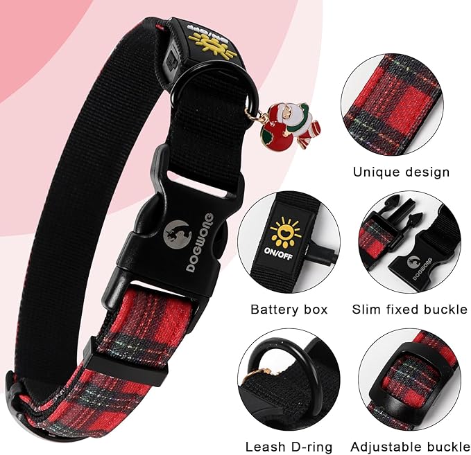 DOGWONG LED Dog Collar - Christmas Red Plaid Heavy Duty Light up Dog Collars - Rechargeable Waterproof - Lighted Dog Collars for Night Walking, Hiking, Camping(Red Plaid,M)