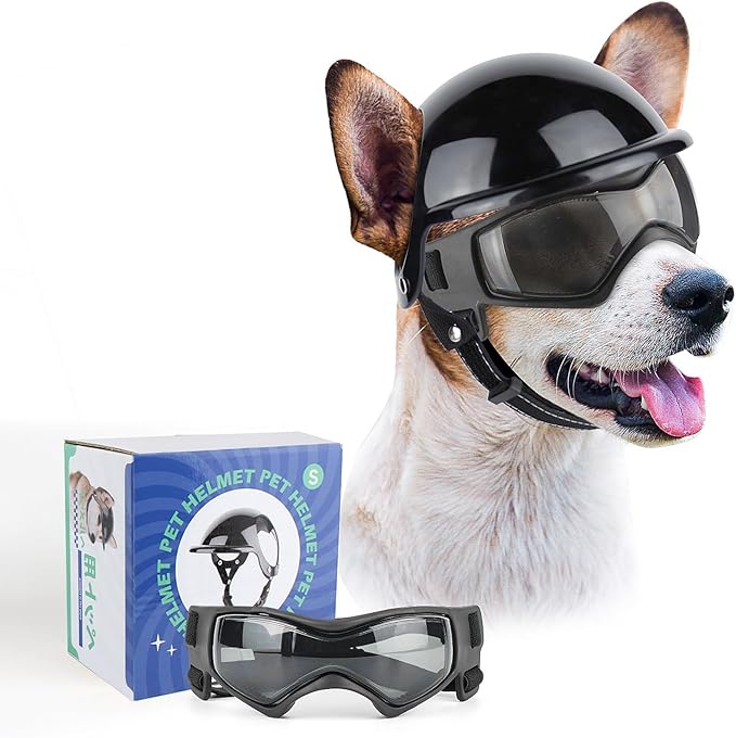 PETLESO Dog Goggles for Small Dogs with Helmet, 2PCS Doggy Sunglasses and Pet Motorcycle Helmet Set for Small Medium Breed Outdoor Driving Walking, Black