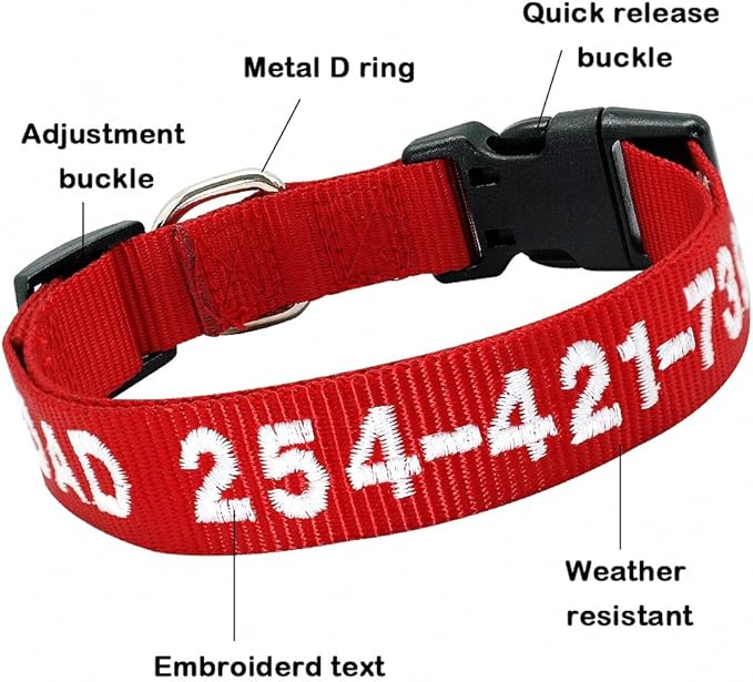 Custom Dog Collar Personalized Embroidery Cat Puppy Collar Nylon Pet Collars Engrave DIY Phone Name ID for Small Big Large Dog Red M
