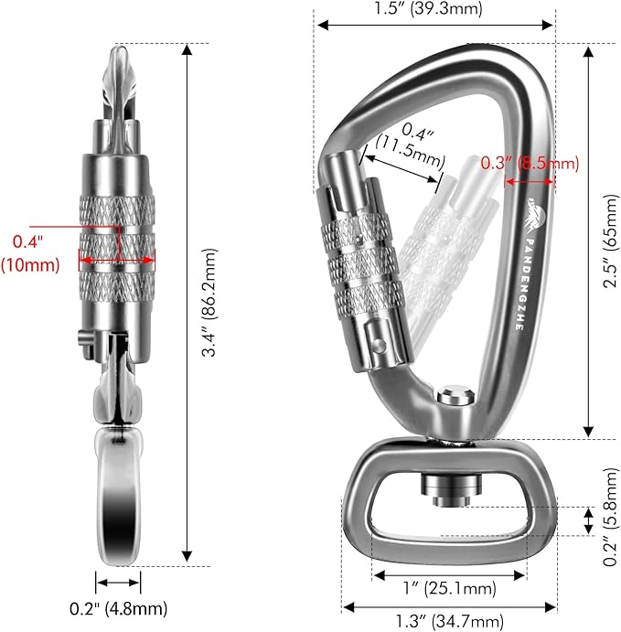 Locking Carabiner Clip 2.5" with Swivel Ring for Securing Pets, Dog Leash Harness, Camping, Hiking, Keychains